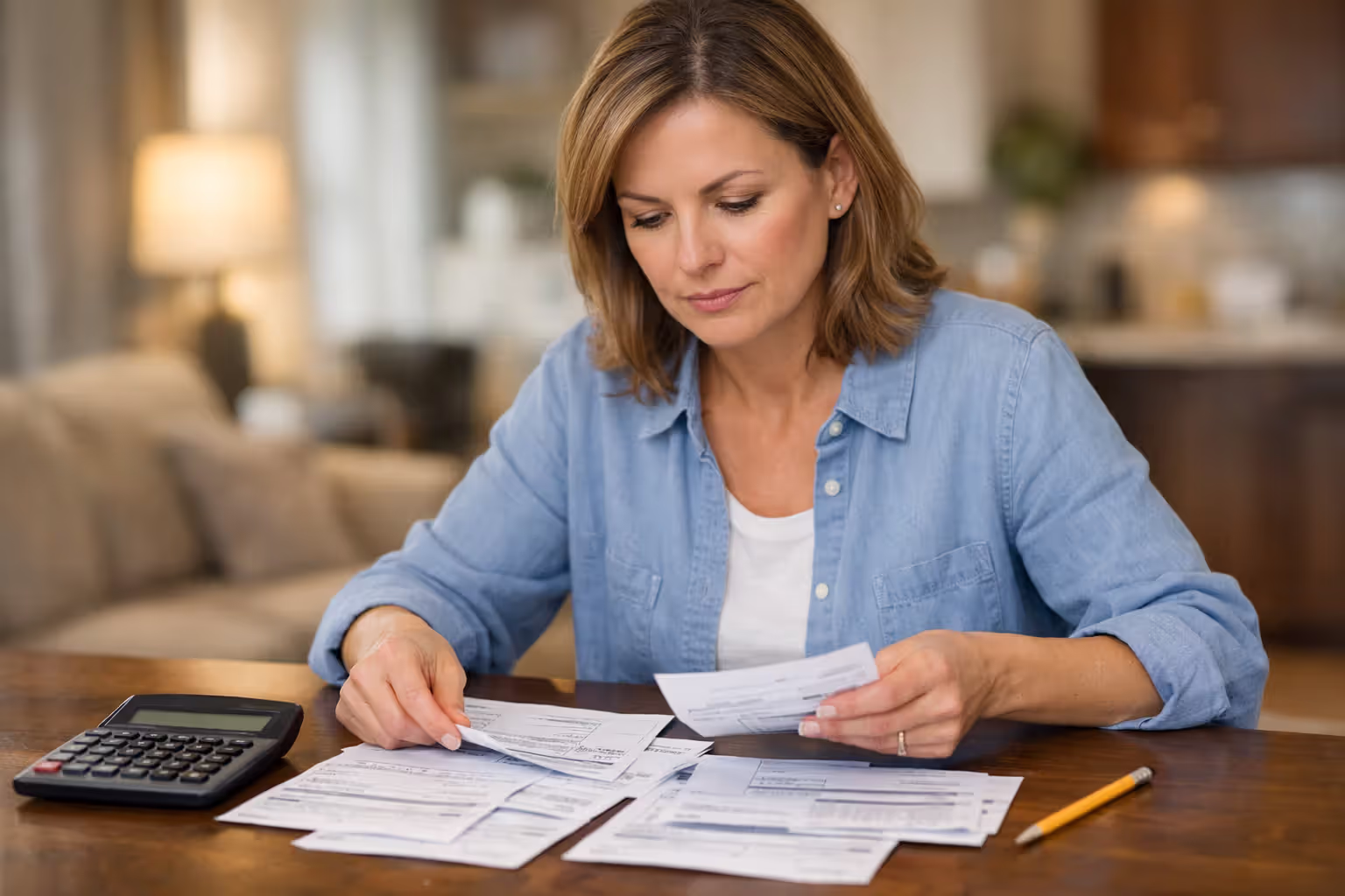 Woman organizing pay stubs and tax forms on table with calculator for Medicaid income verification
