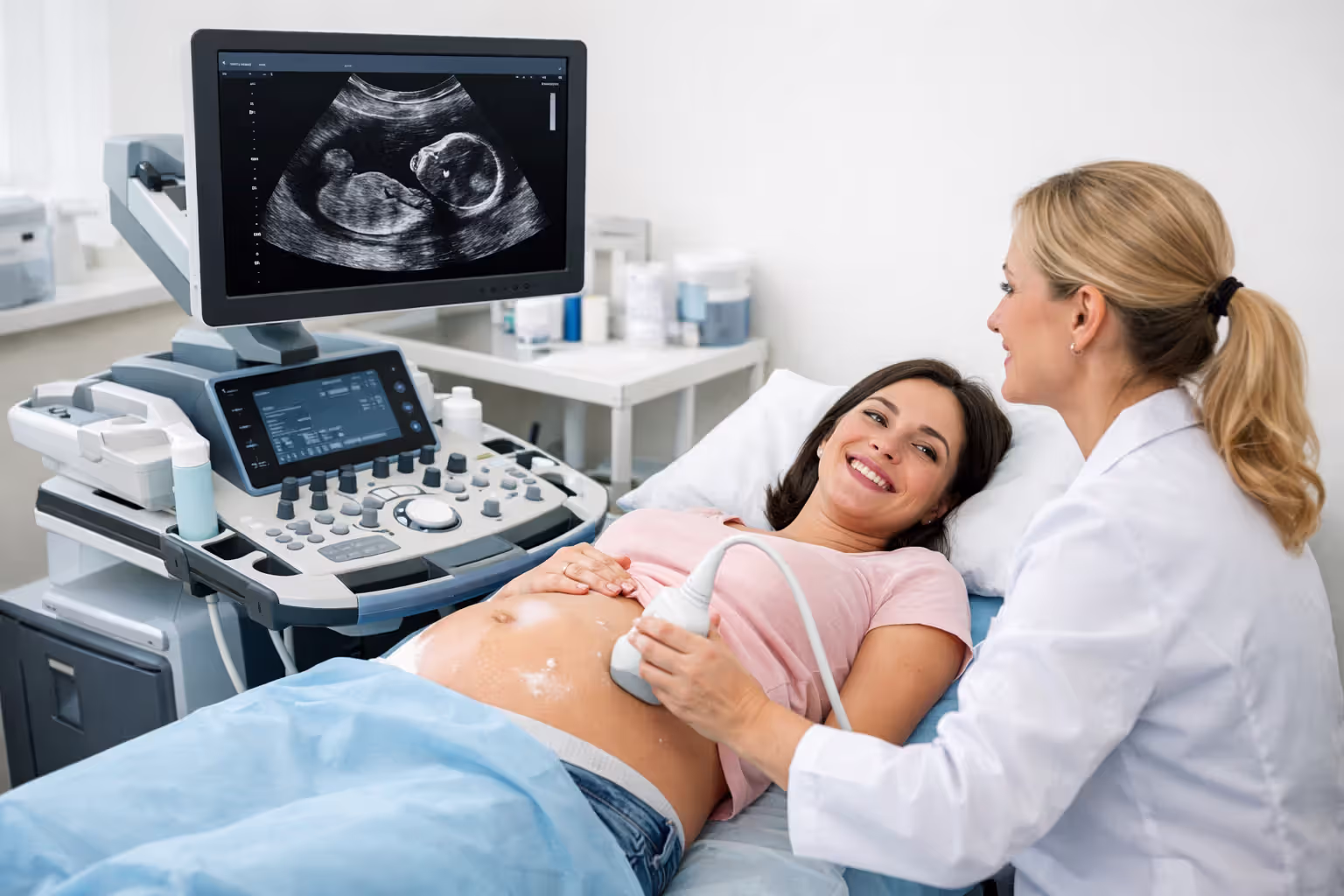 Pregnant woman lying on examination table during ultrasound scan with doctor showing fetal image on monitor