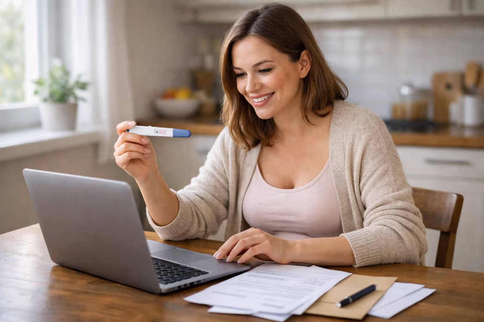 Pregnant woman sitting at kitchen table with laptop and documents reviewing Medicaid application options