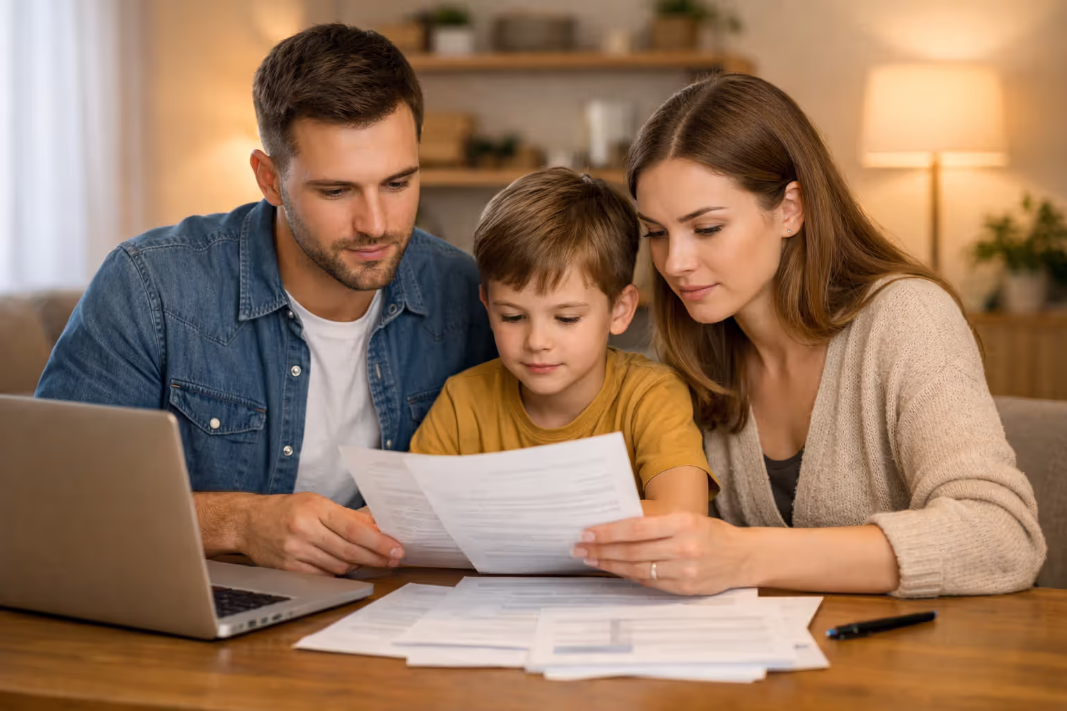 Young family reviewing health insurance documents together at a home desk with laptop