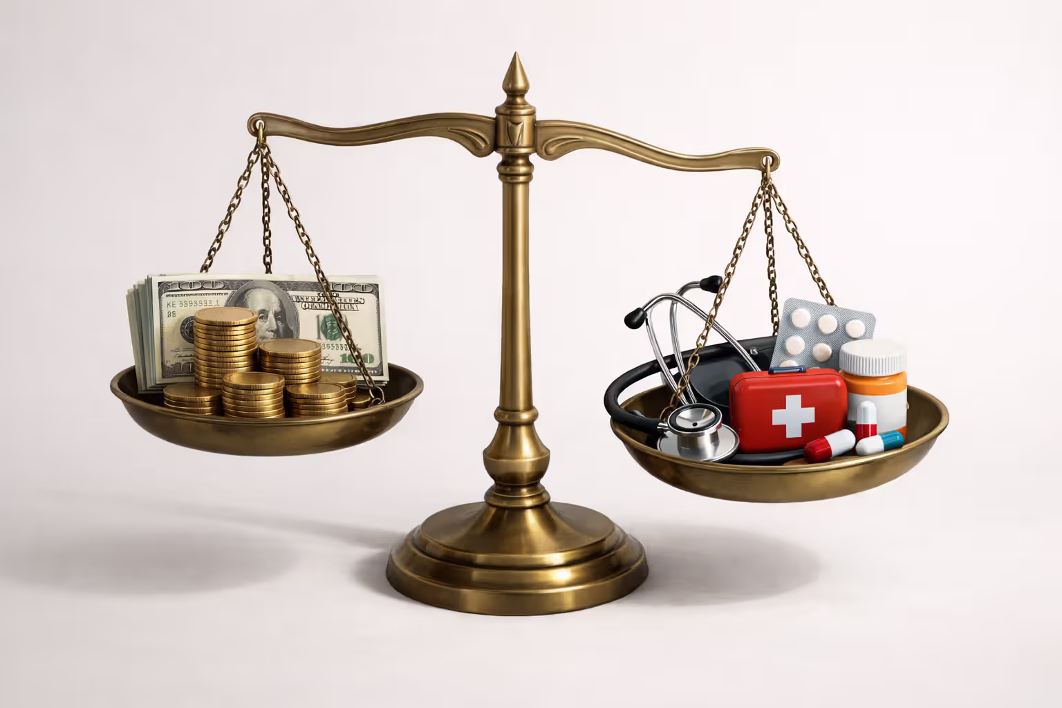 Balance scale weighing money against healthcare symbols representing cost-benefit analysis of dual insurance