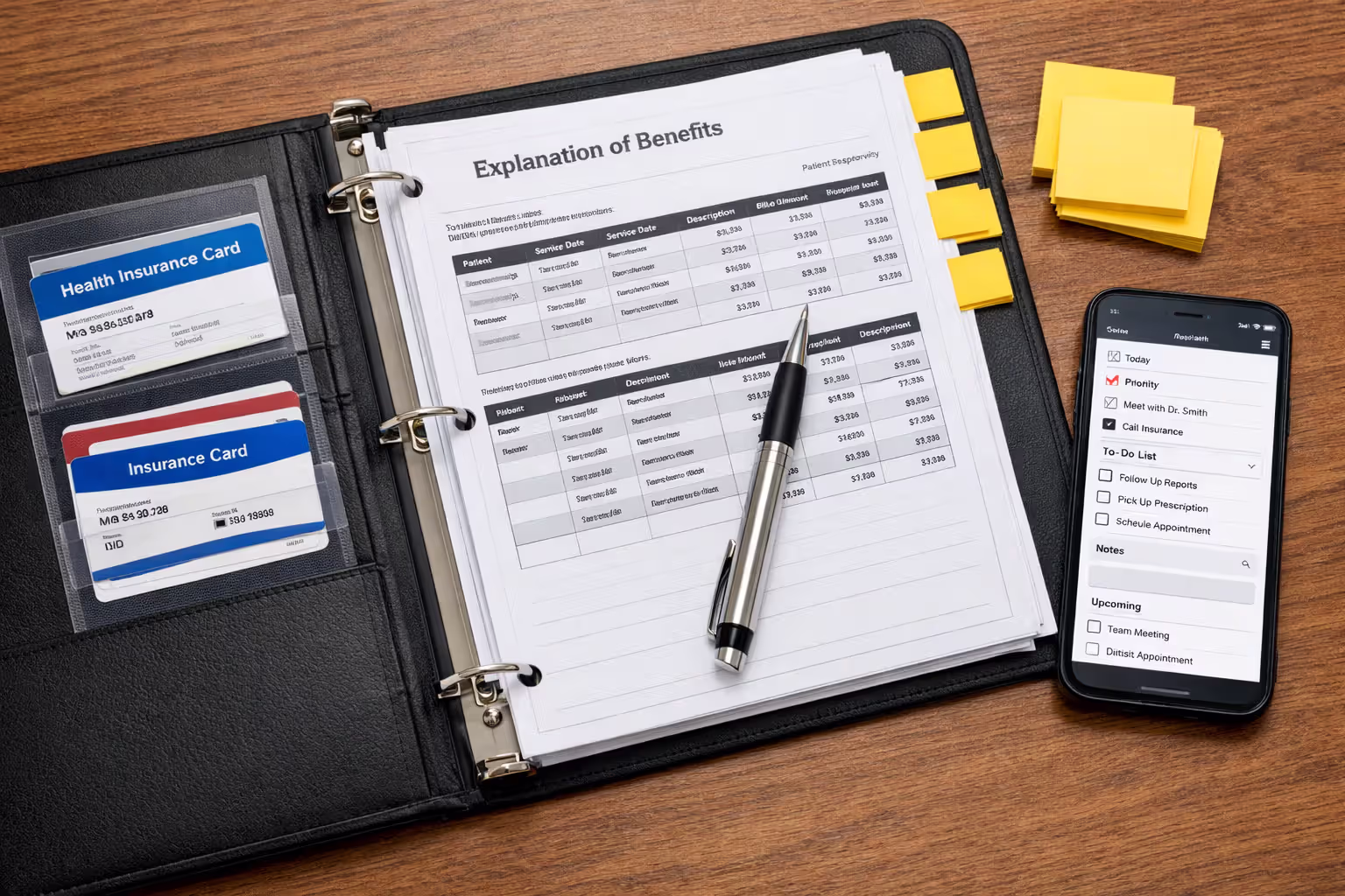 Organized folder with insurance cards and explanation of benefits documents on an office desk