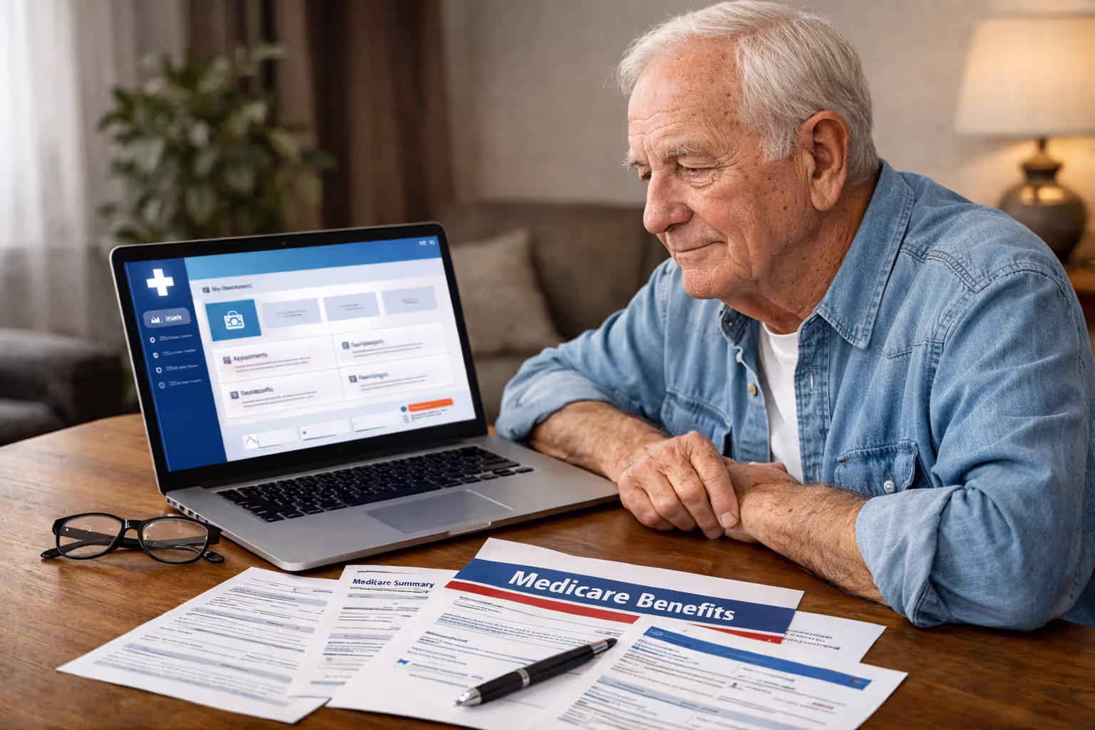 Elderly person reviewing Medicare documents at a desk with laptop showing a healthcare portal