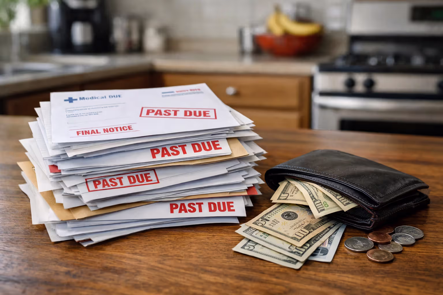 Stack of medical bills marked past due on a kitchen table next to a wallet with few dollar bills
