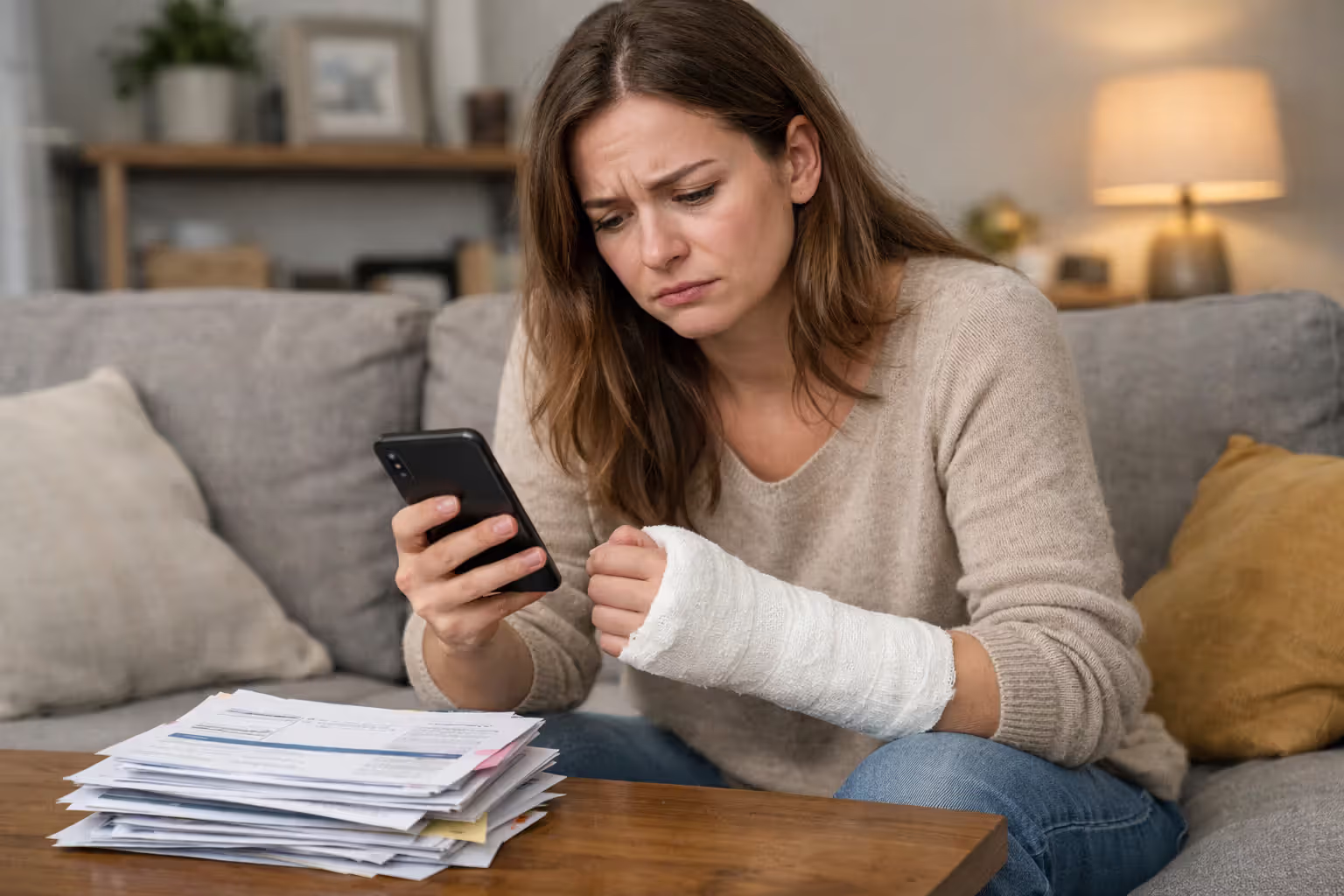Upset young woman with wrist cast sitting on couch looking at phone with medical bills on coffee table