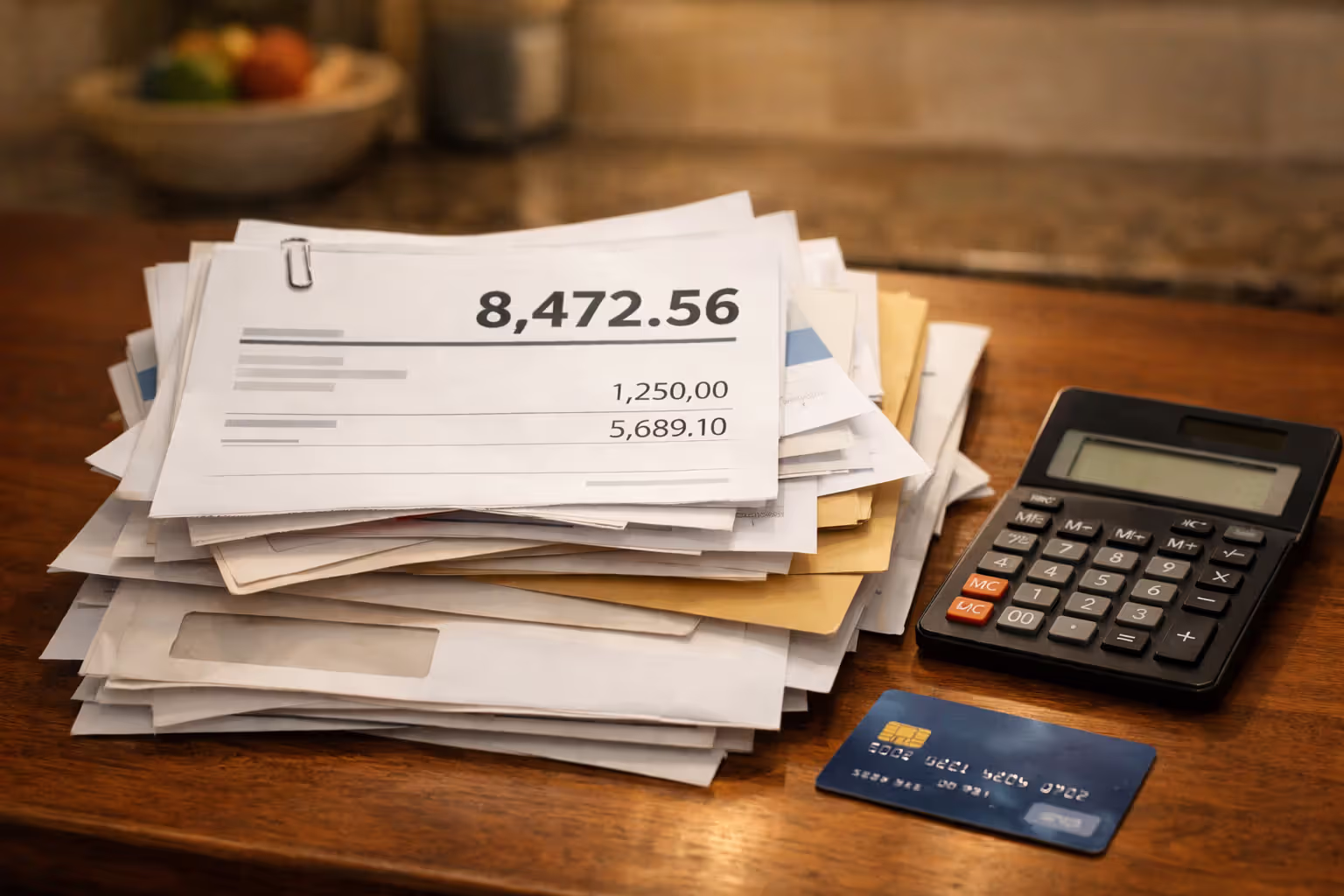 Stack of medical bills and envelopes on a home kitchen table with a calculator and credit card nearby showing financial burden of being uninsured