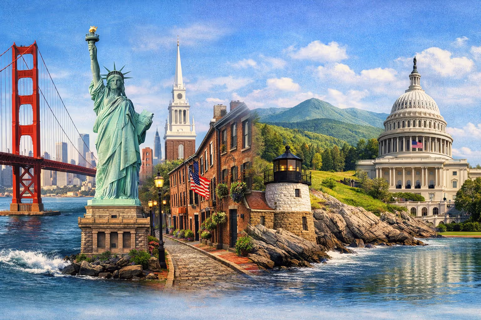 Composite image showing iconic landmarks of six US jurisdictions with health insurance mandates including Golden Gate Bridge, Boston skyline, New Jersey shore, Rhode Island lighthouse, Vermont green mountains, and US Capitol