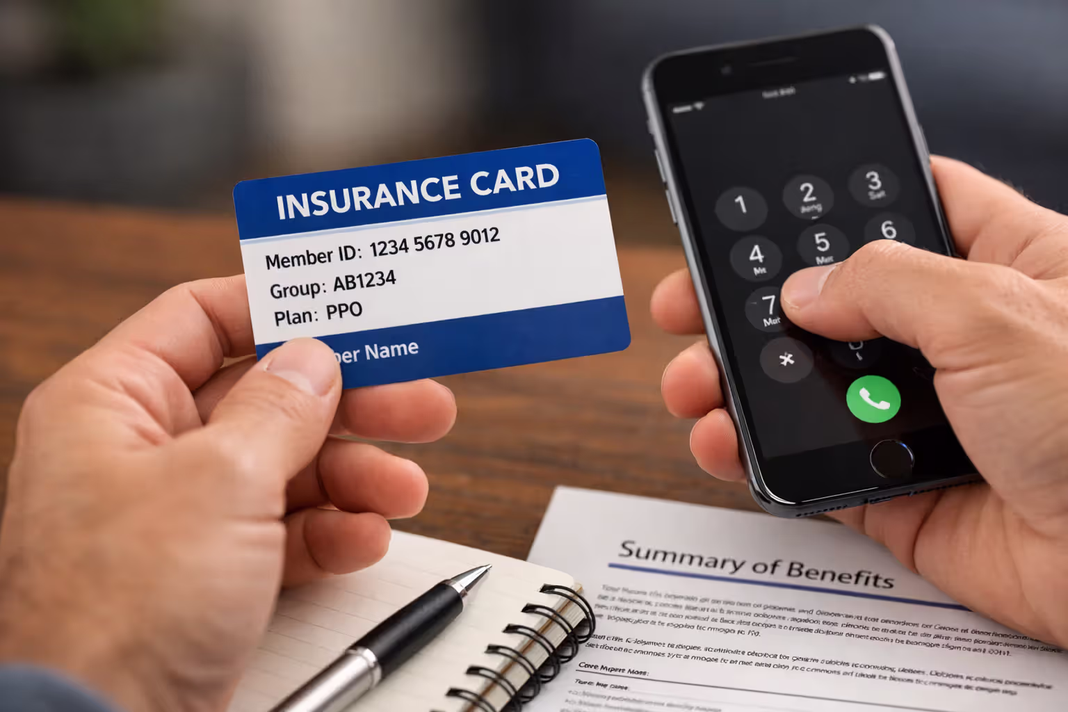 Close-up of hands holding an insurance card while dialing a phone number with a notebook and benefits summary document nearby