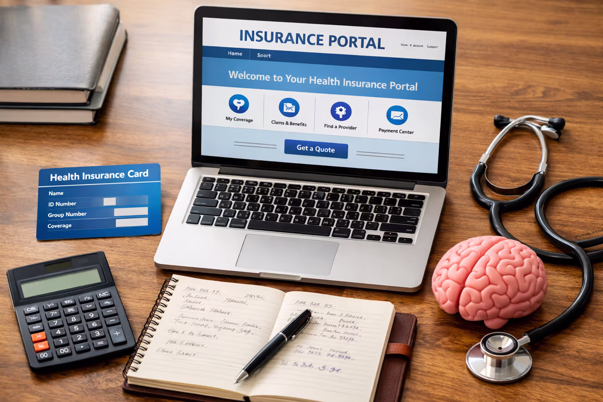Health insurance card, calculator, notebook and laptop on a desk representing therapy coverage research