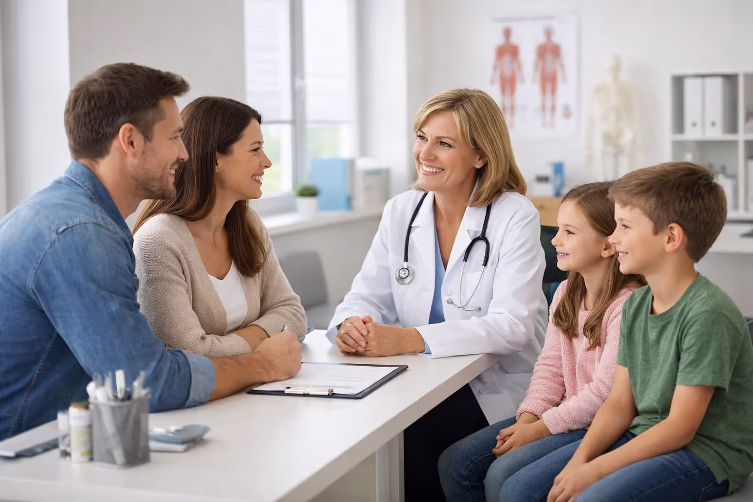 Young family with two small children sitting on a couch comparing health insurance plans on a laptop in a cozy living room