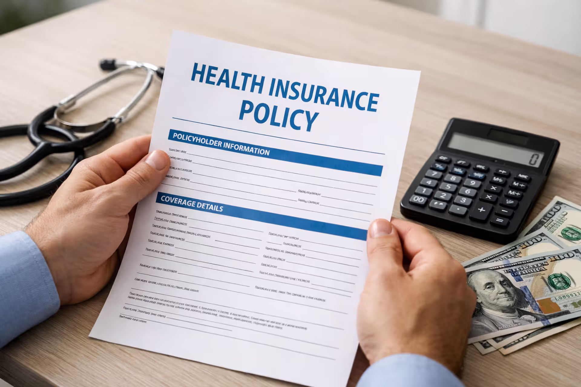 Person holding health insurance policy document with stethoscope, calculator and dollar bills on a bright office desk