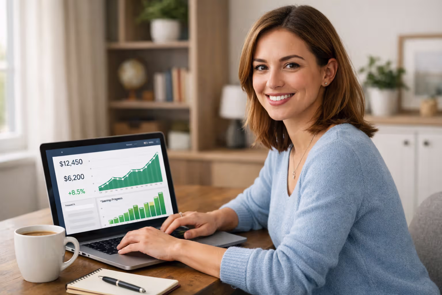 Young woman smiling while reviewing financial growth charts on laptop at home office desk
