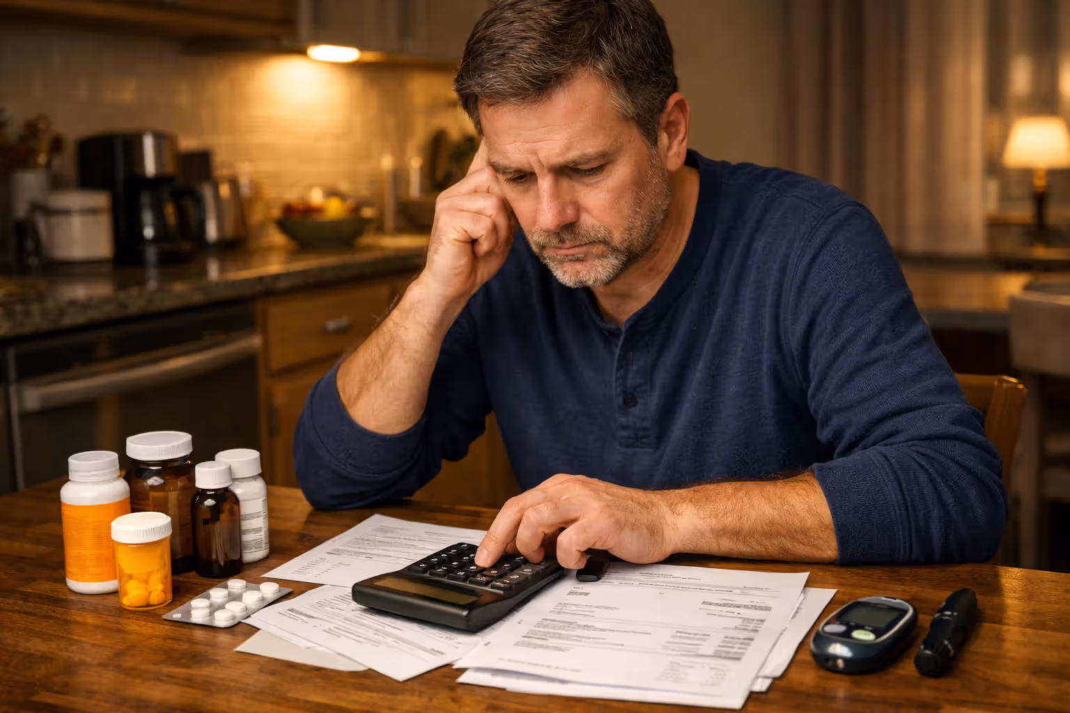 Middle aged man calculating medical expenses at kitchen table with prescription bottles glucometer and medical bills