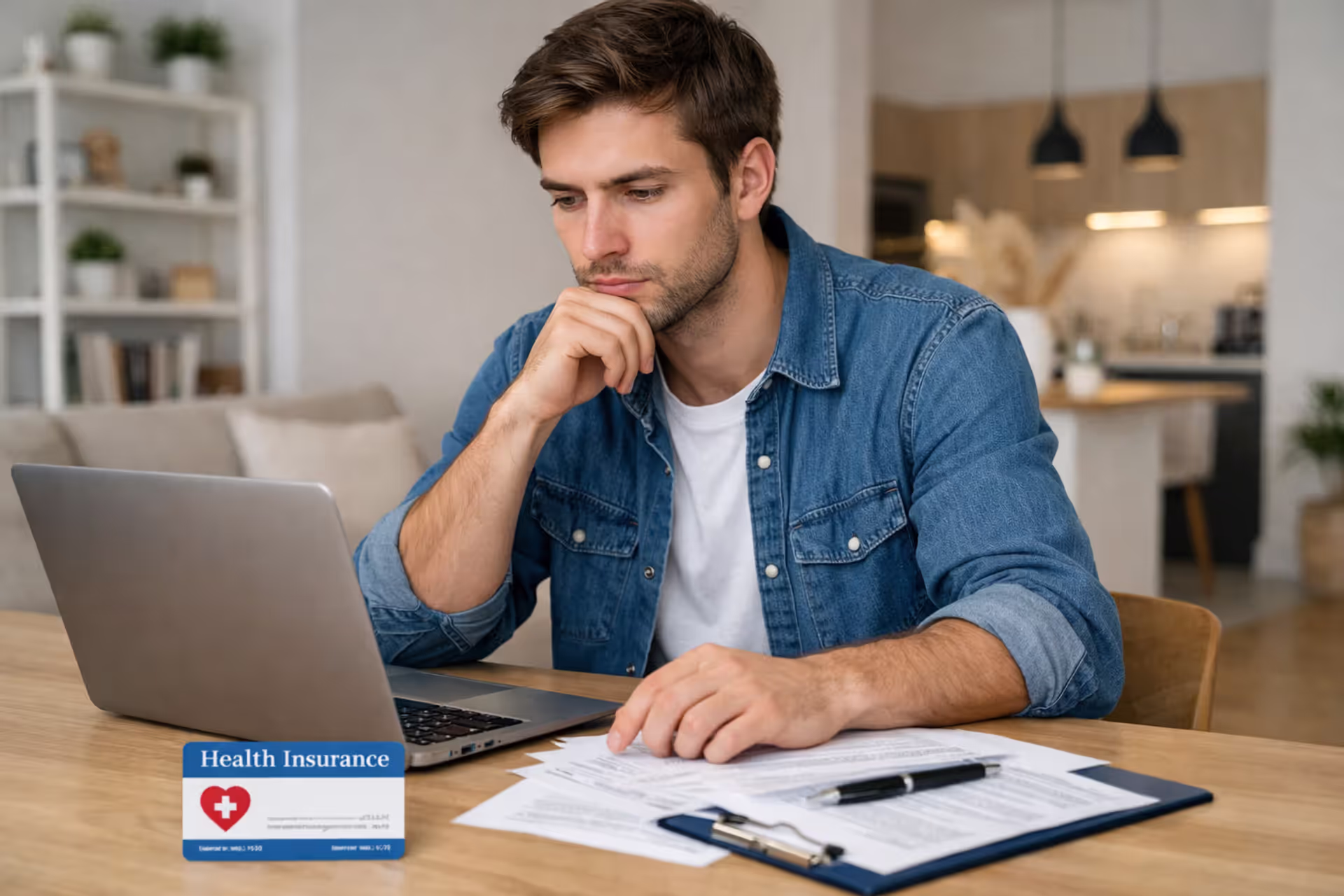 Young adult reviewing health insurance documents at a desk with a laptop and insurance card in a modern apartment