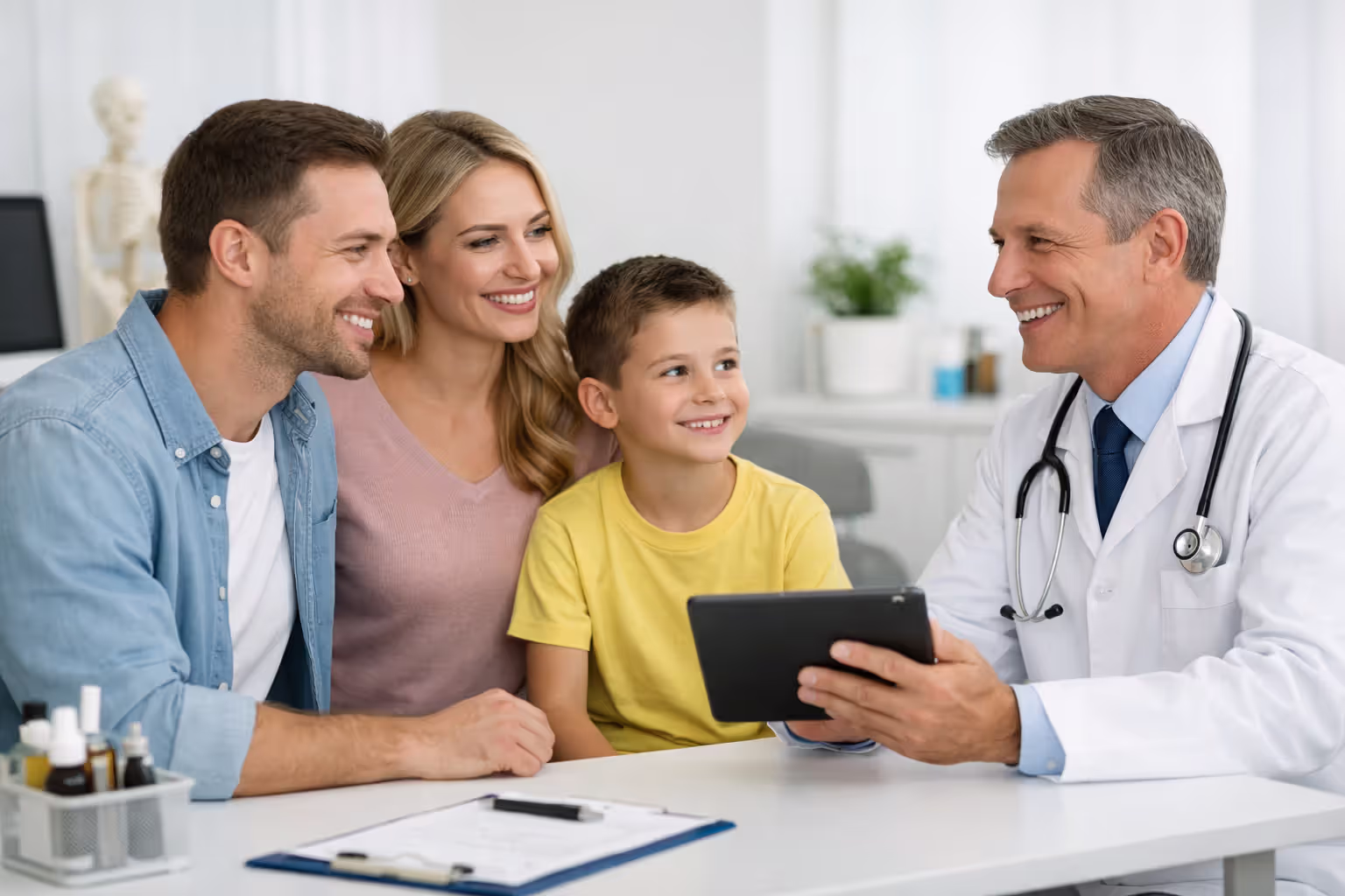 Family with children consulting a doctor in a modern bright medical office, doctor holding tablet and smiling during appointment