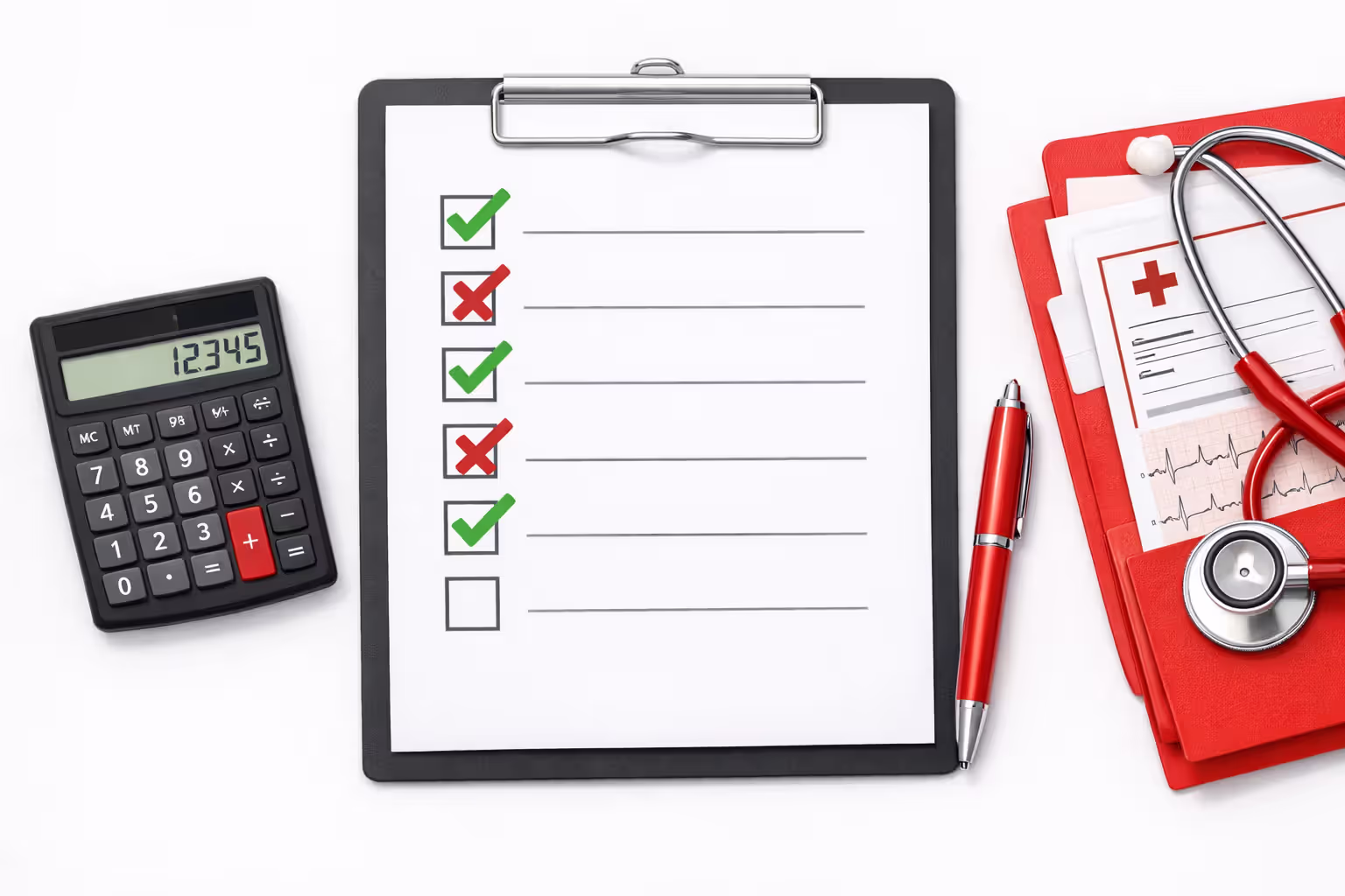 Checklist on tablet with red cross marks highlighting common HSA mistakes, next to calculator and medical documents folder