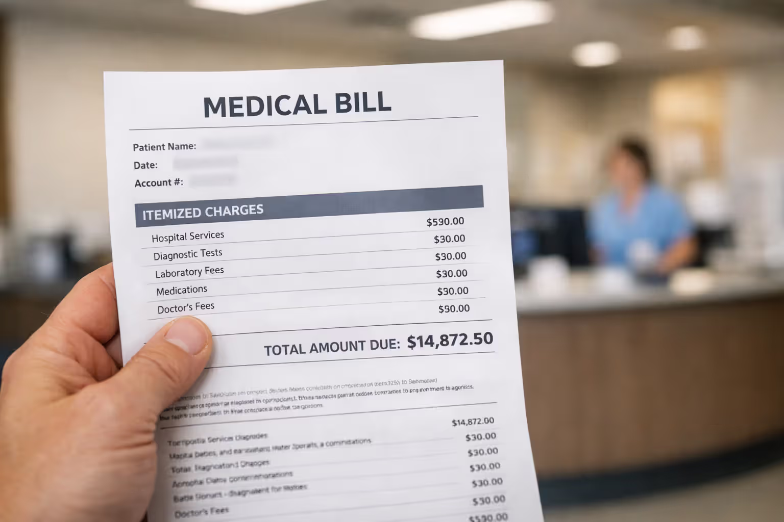 Close-up of hand holding expensive medical bill with blurred hospital reception desk in background