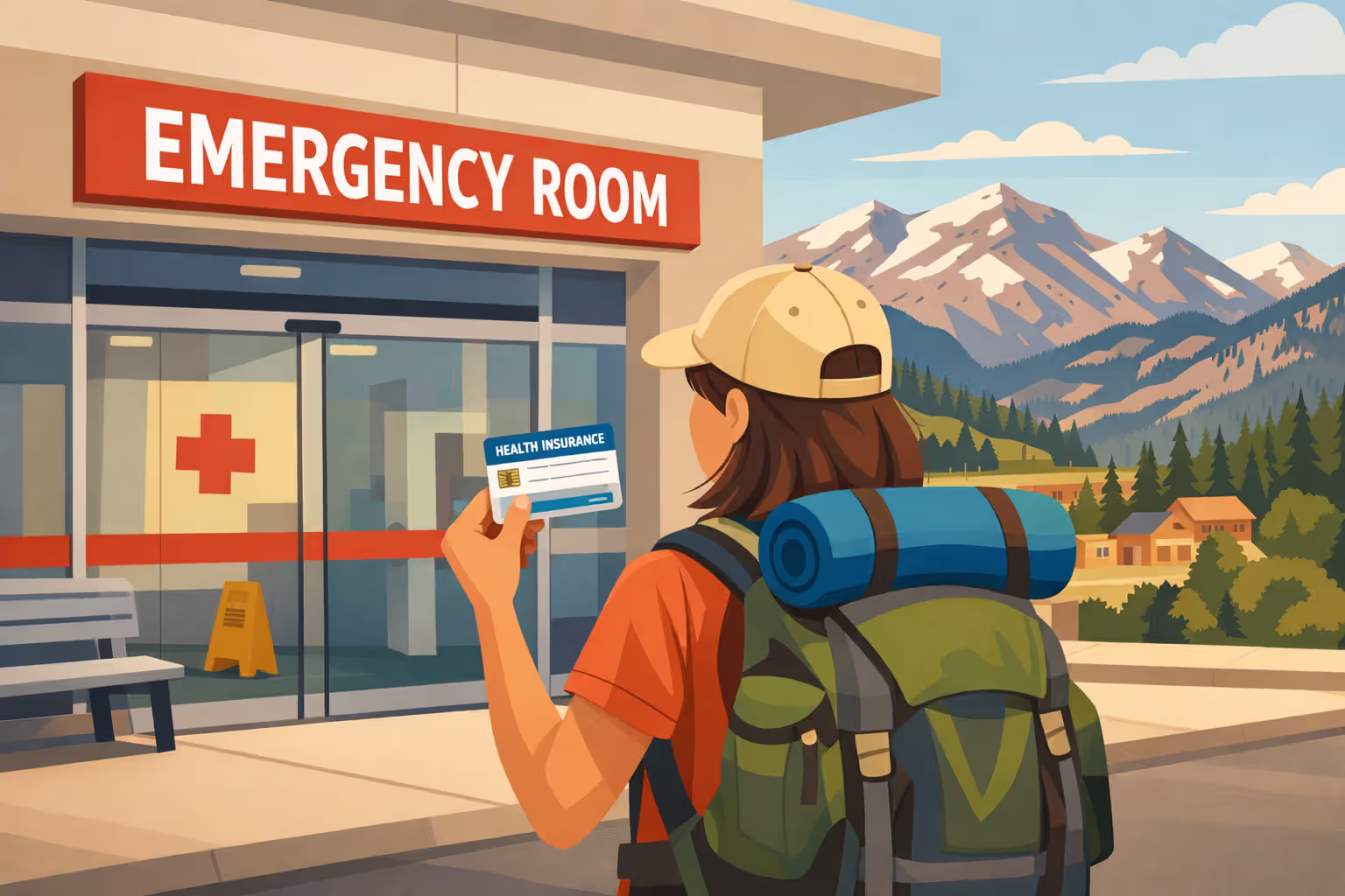 Woman traveler holding an insurance card at a hospital emergency room entrance with mountain landscape in the background