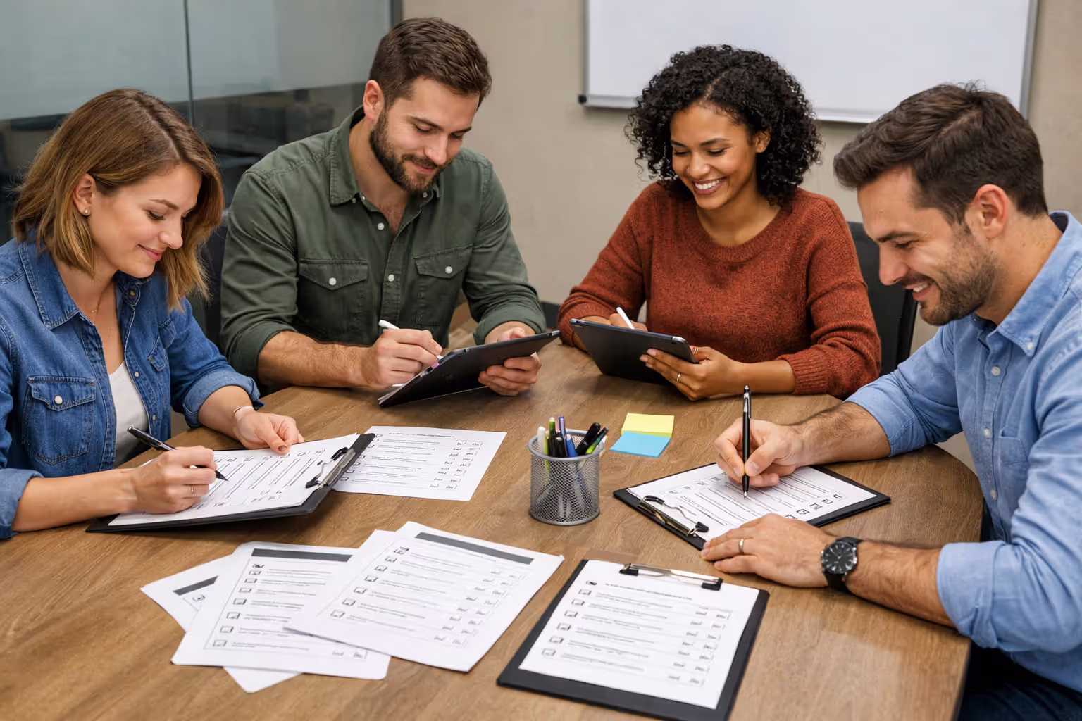 Employees filling out anonymous health benefits survey forms on tablets and paper in a meeting room