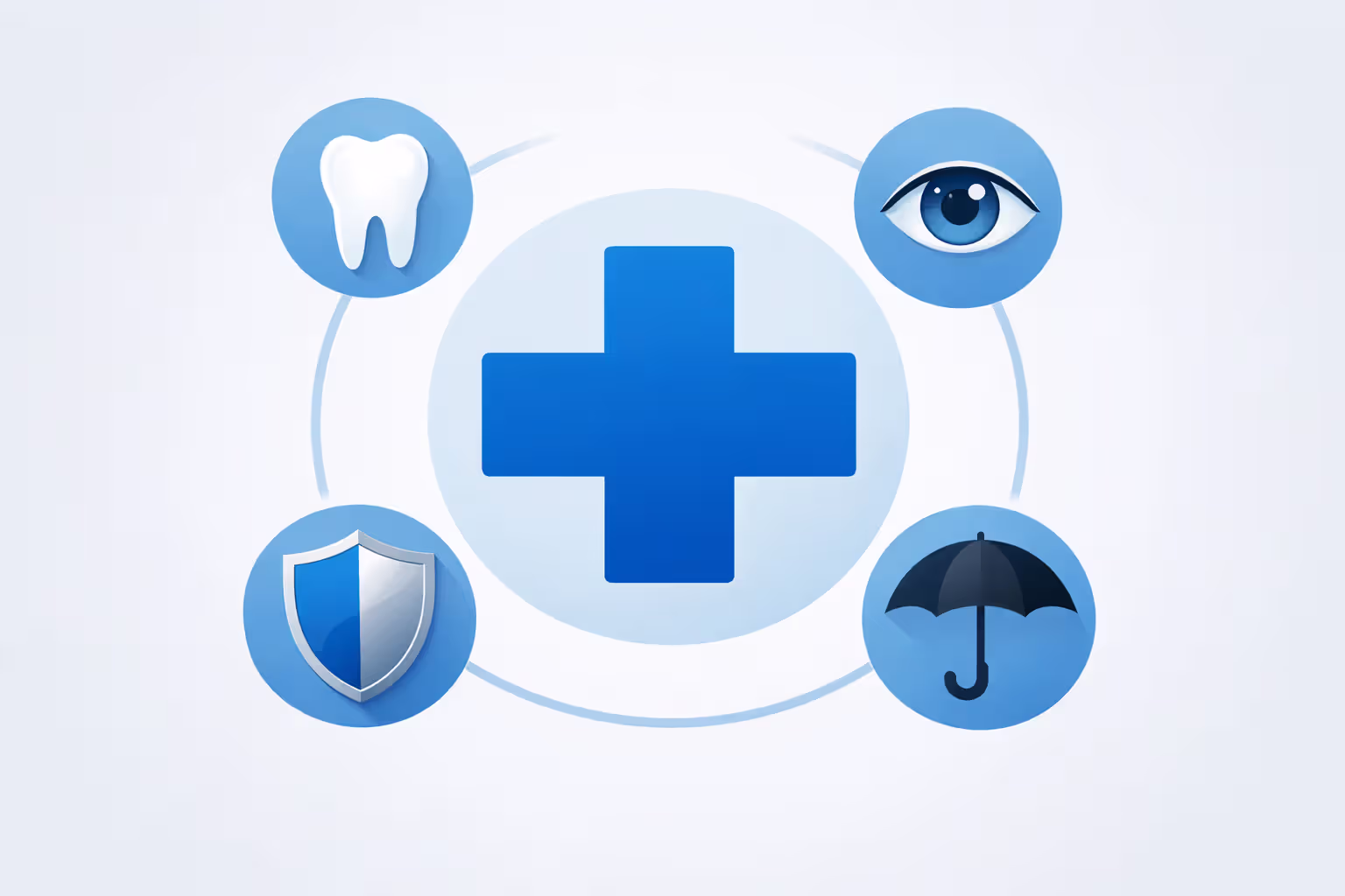 Infographic showing health insurance benefit components: medical, dental, vision, life, and disability icons arranged around a central medical cross