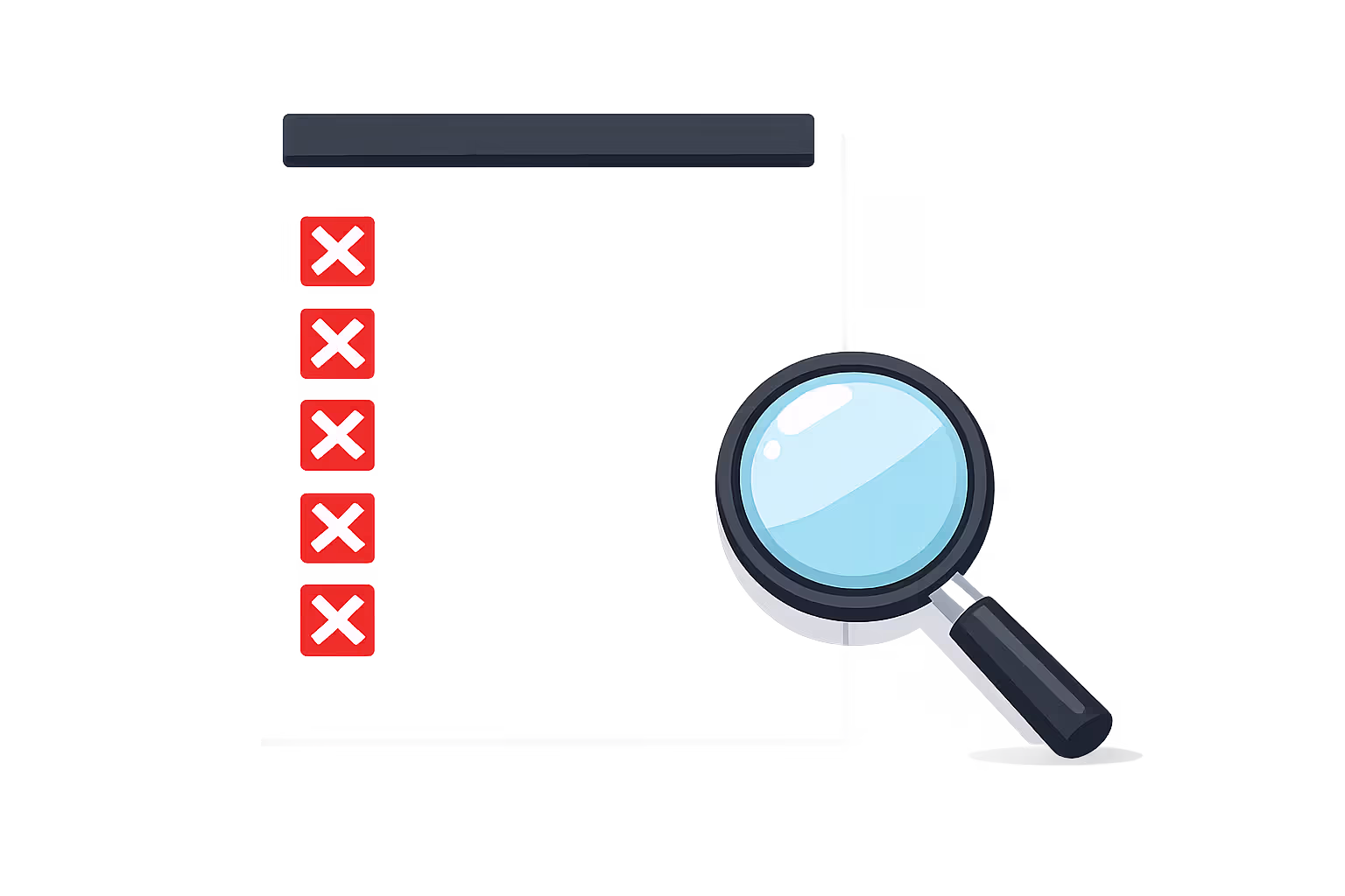 Flat illustration of a checklist with five red cross marks showing common deductible mistakes next to a magnifying glass