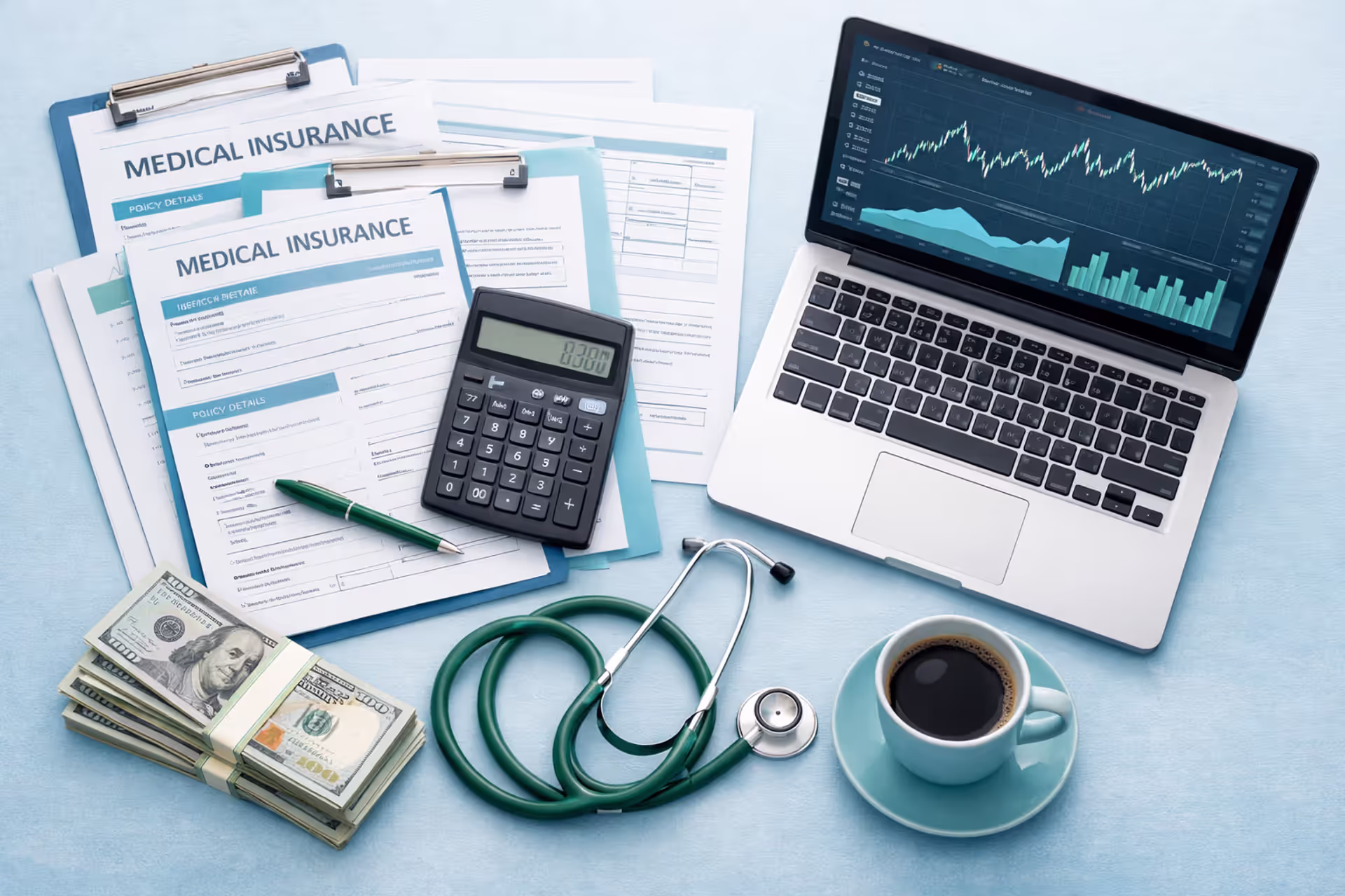 Top-down view of a desk with health insurance documents, calculator, stethoscope, dollar bills, laptop showing charts, and coffee cup