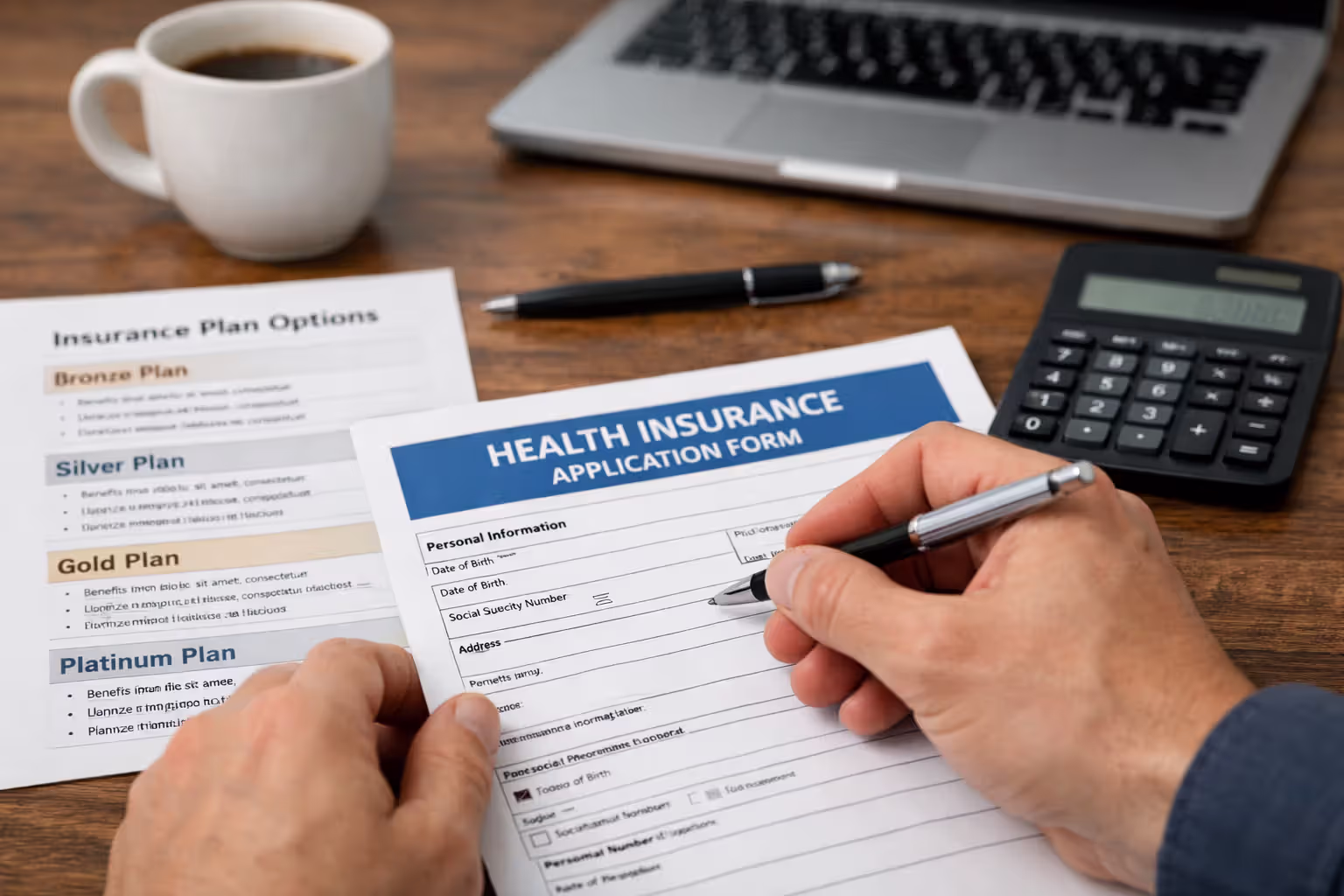 Close-up of hands filling out health insurance enrollment application form with plan options and calculator nearby