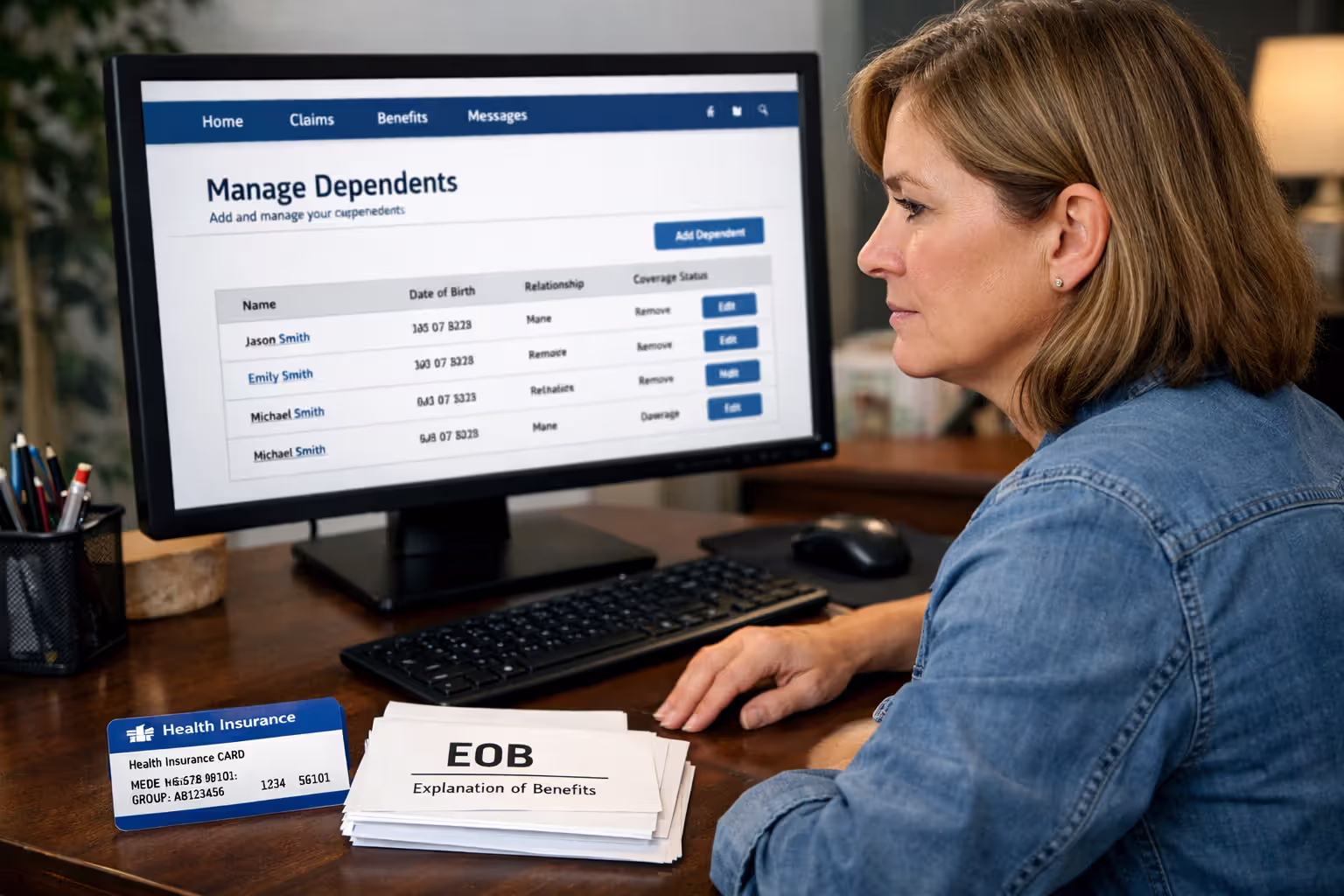 Woman at desk managing health insurance account on computer screen with insurance card and EOB documents nearby