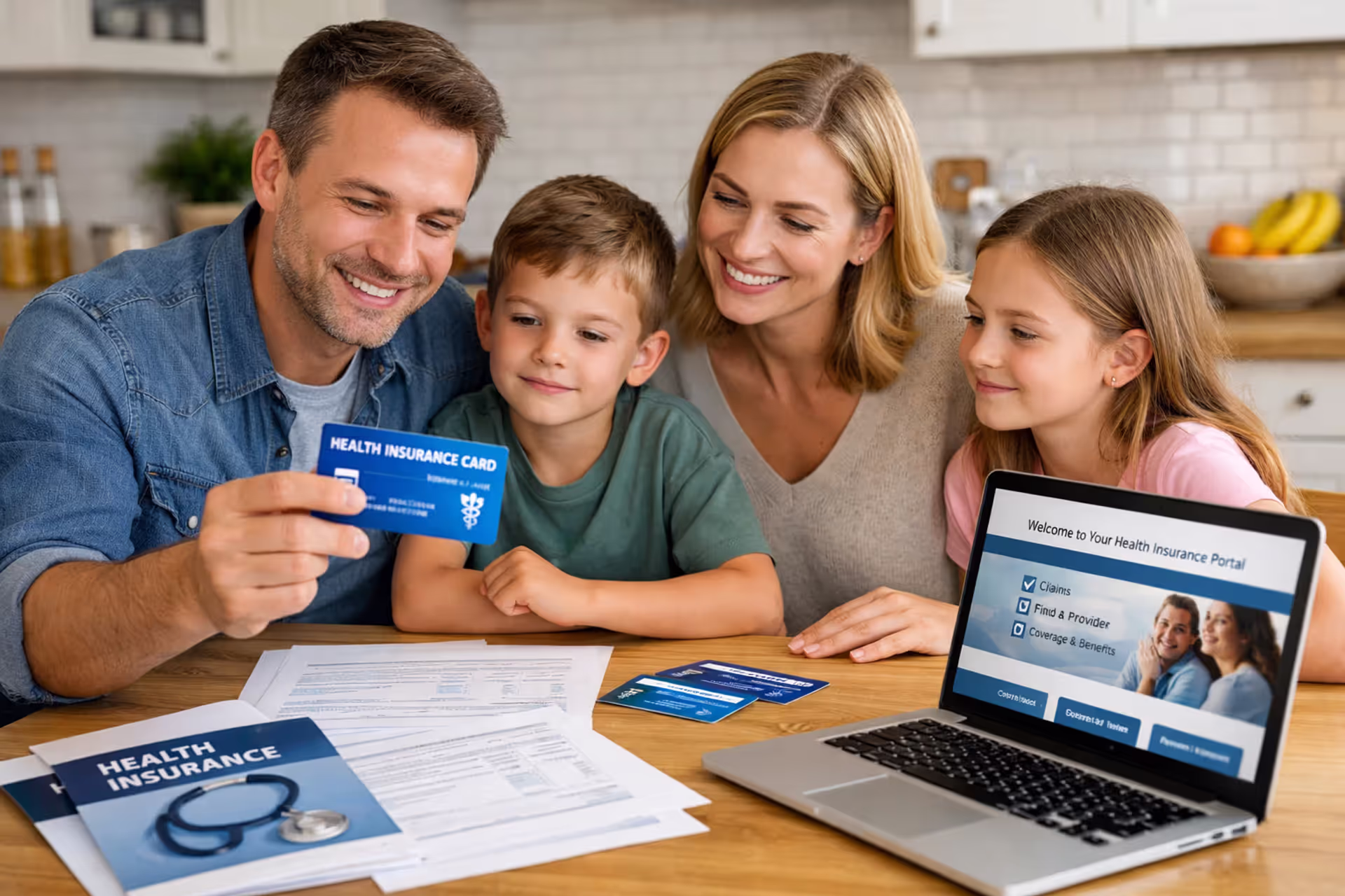 Family sitting at kitchen table reviewing health insurance documents and insurance cards on laptop