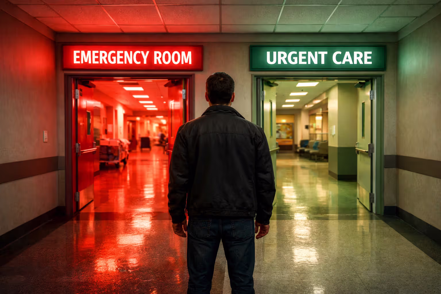 Person standing at crossroads between hospital emergency room entrance and urgent care clinic entrance