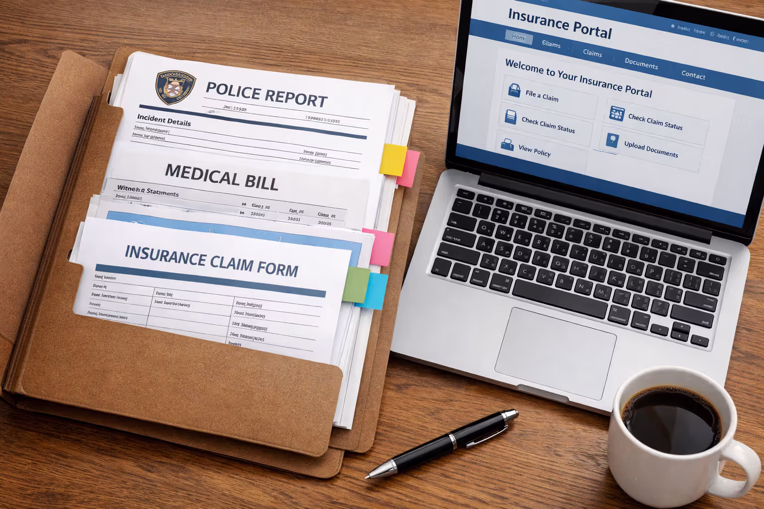 Organized folder with police report medical bills and insurance claim forms on desk next to laptop showing insurance portal