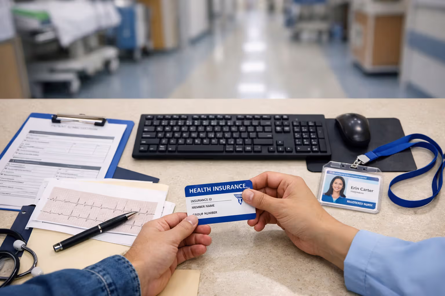 Top view of hospital reception desk with patient handing insurance card to staff member with medical documents on counter