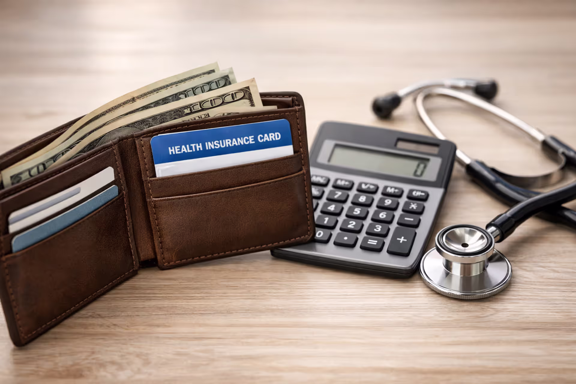 Wallet with dollar bills and health insurance card next to calculator and stethoscope on wooden desk