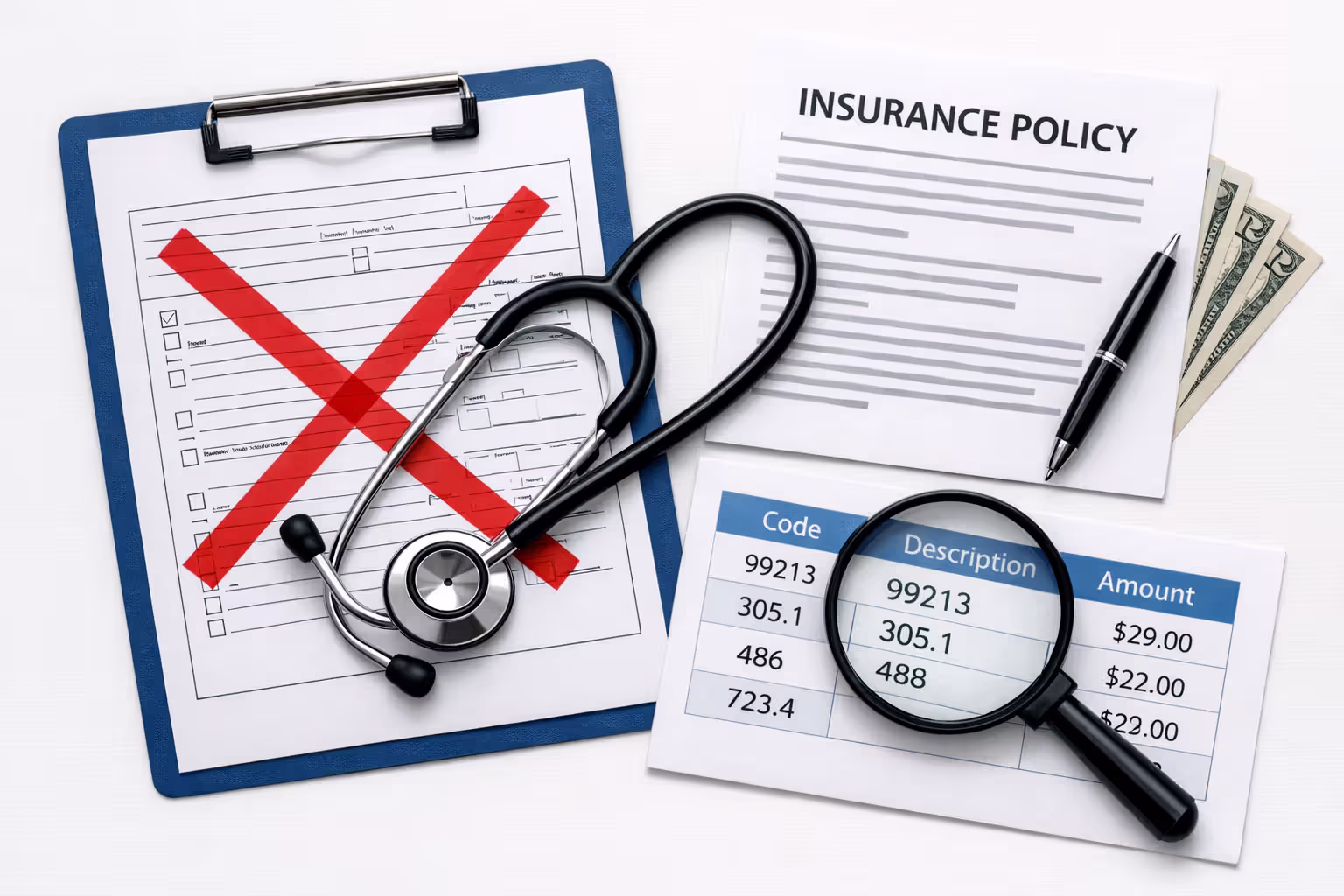 Flat lay of medical billing documents with procedure codes stethoscope insurance policy and magnifying glass representing claim denial reasons