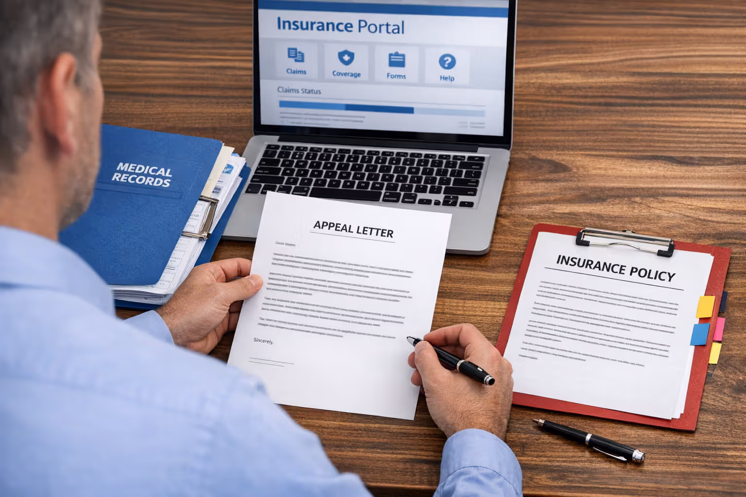 Person writing a formal insurance appeal letter at desk with medical records insurance policy and calendar showing deadline
