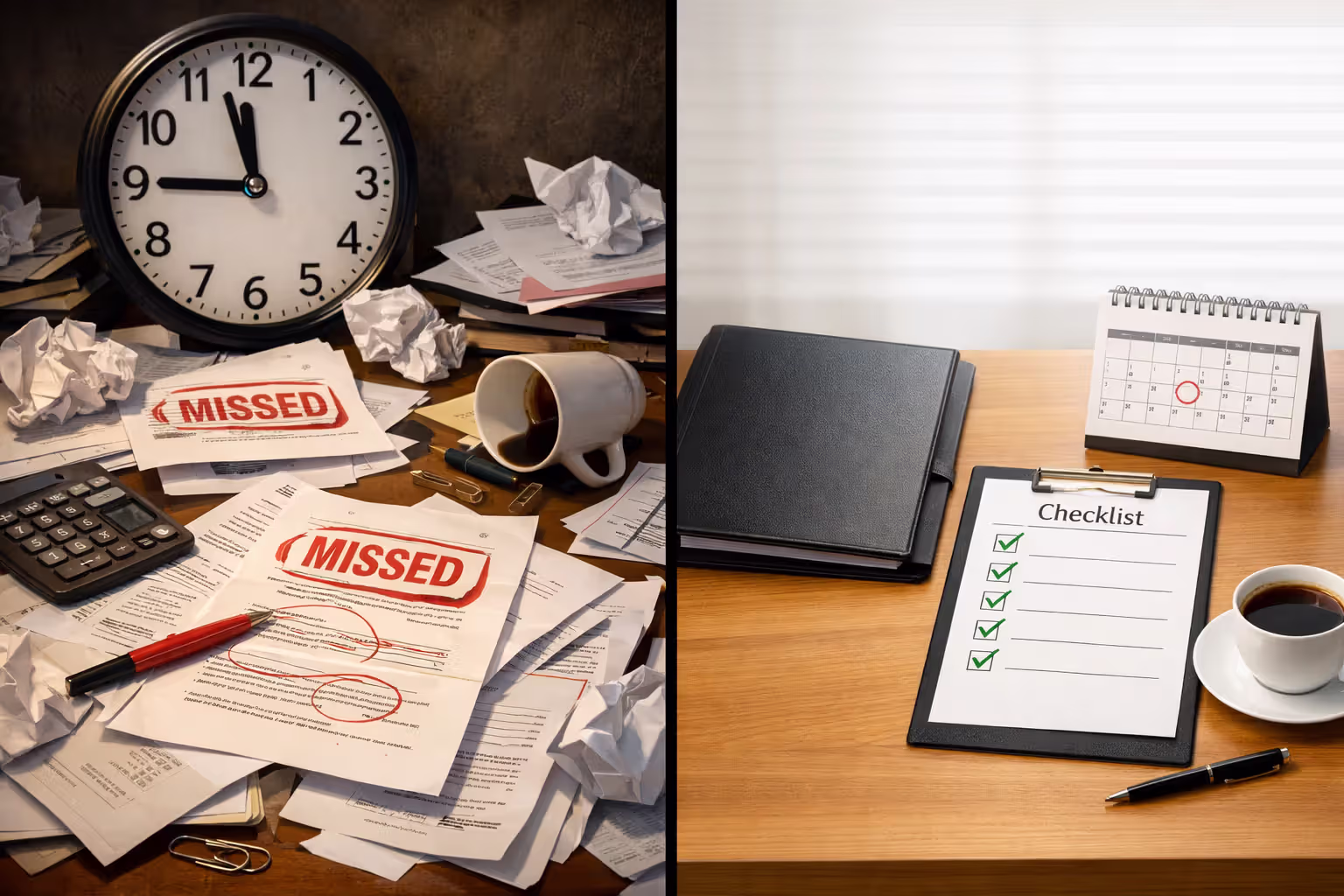 Split screen comparison of disorganized desk with scattered papers versus clean organized desk with checklist and appeal folder showing wrong versus right approach