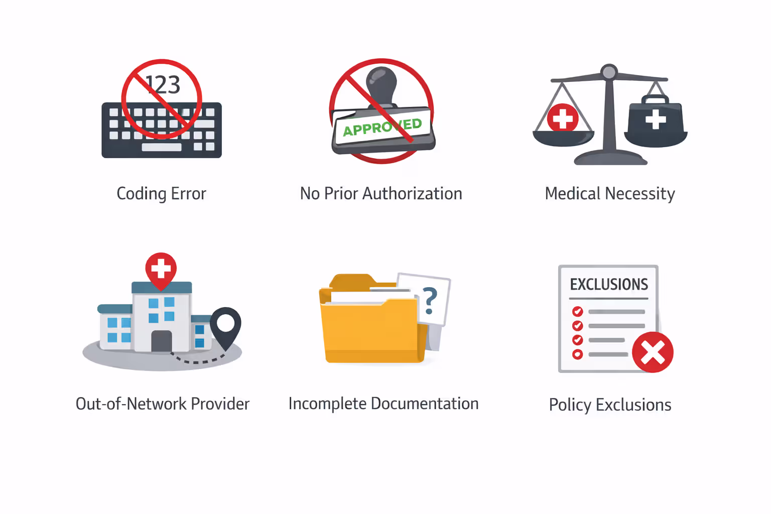 Infographic showing six common reasons for health insurance claim denials with icons for coding errors, prior authorization, medical necessity, out-of-network providers, missing documentation, and policy exclusions