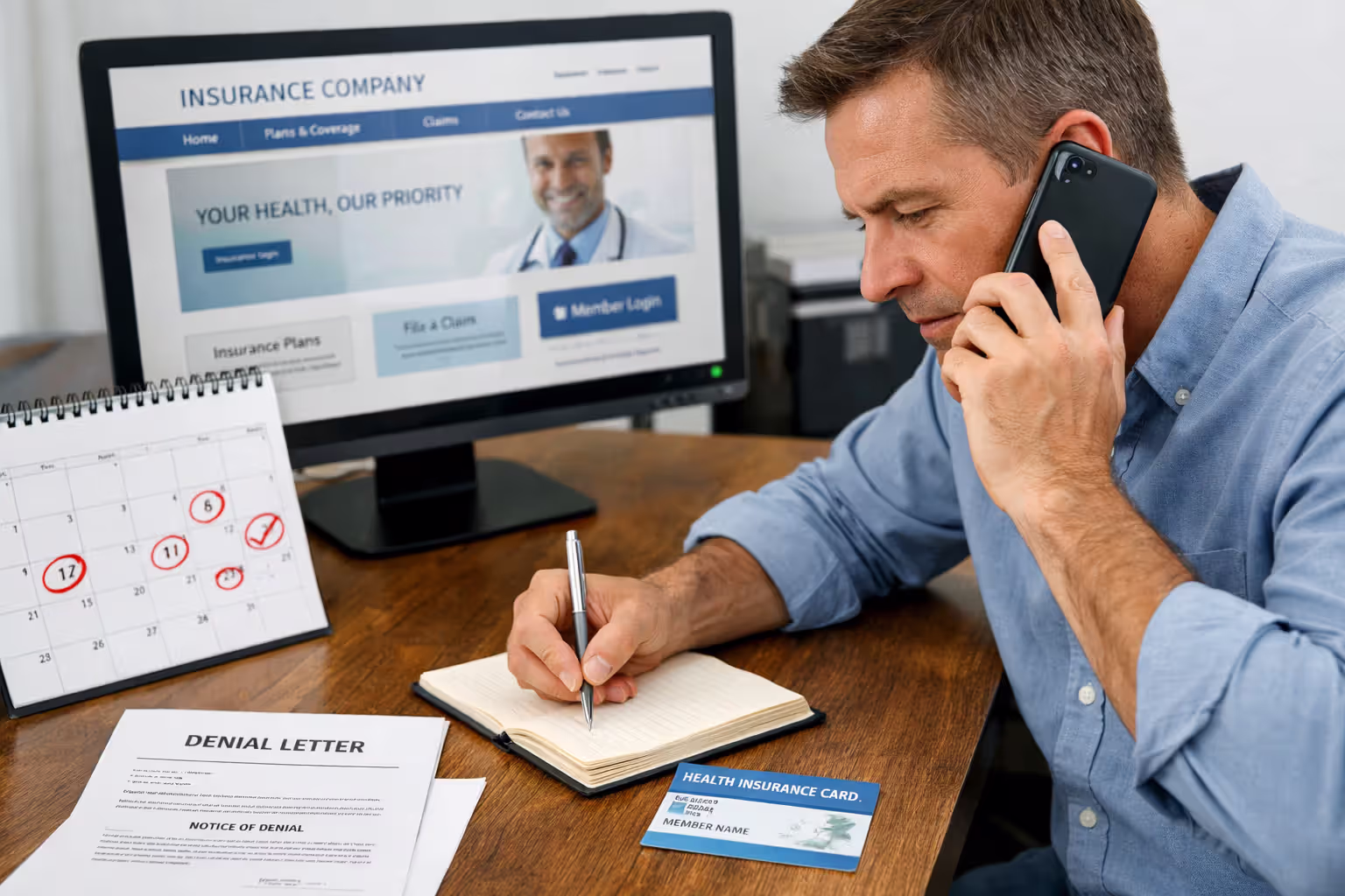 Person on phone with insurance company taking notes with denial letter and insurance card on desk