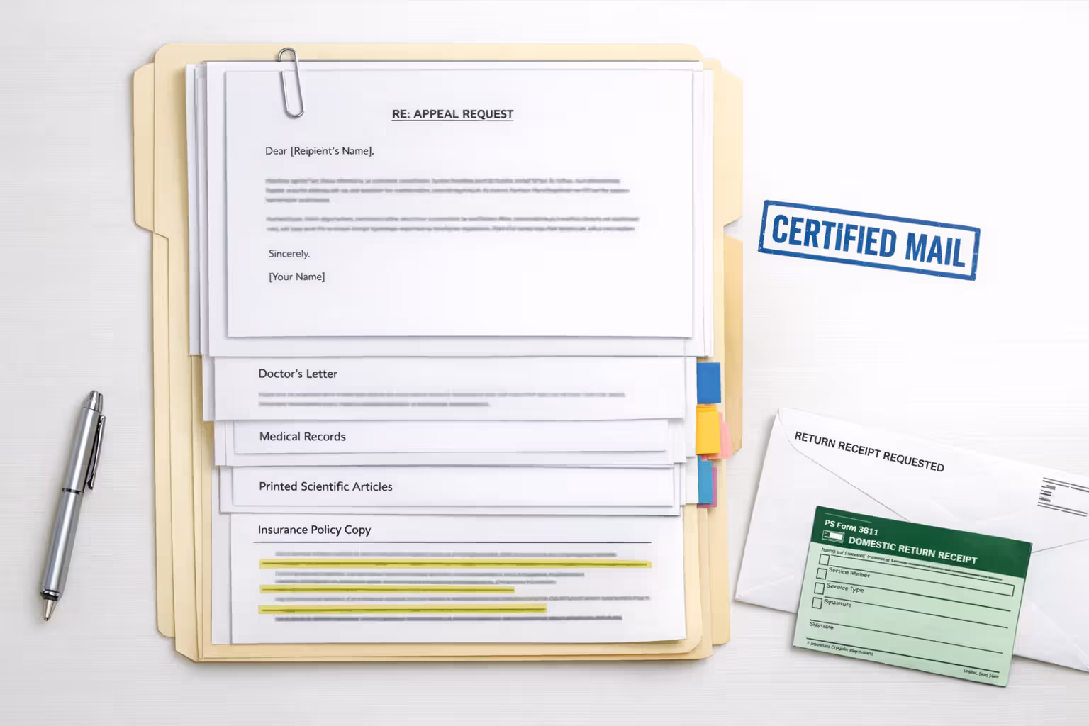 Organized appeal file folder with cover letter, physician letter, medical records, research articles, and certified mail envelope on desk top view