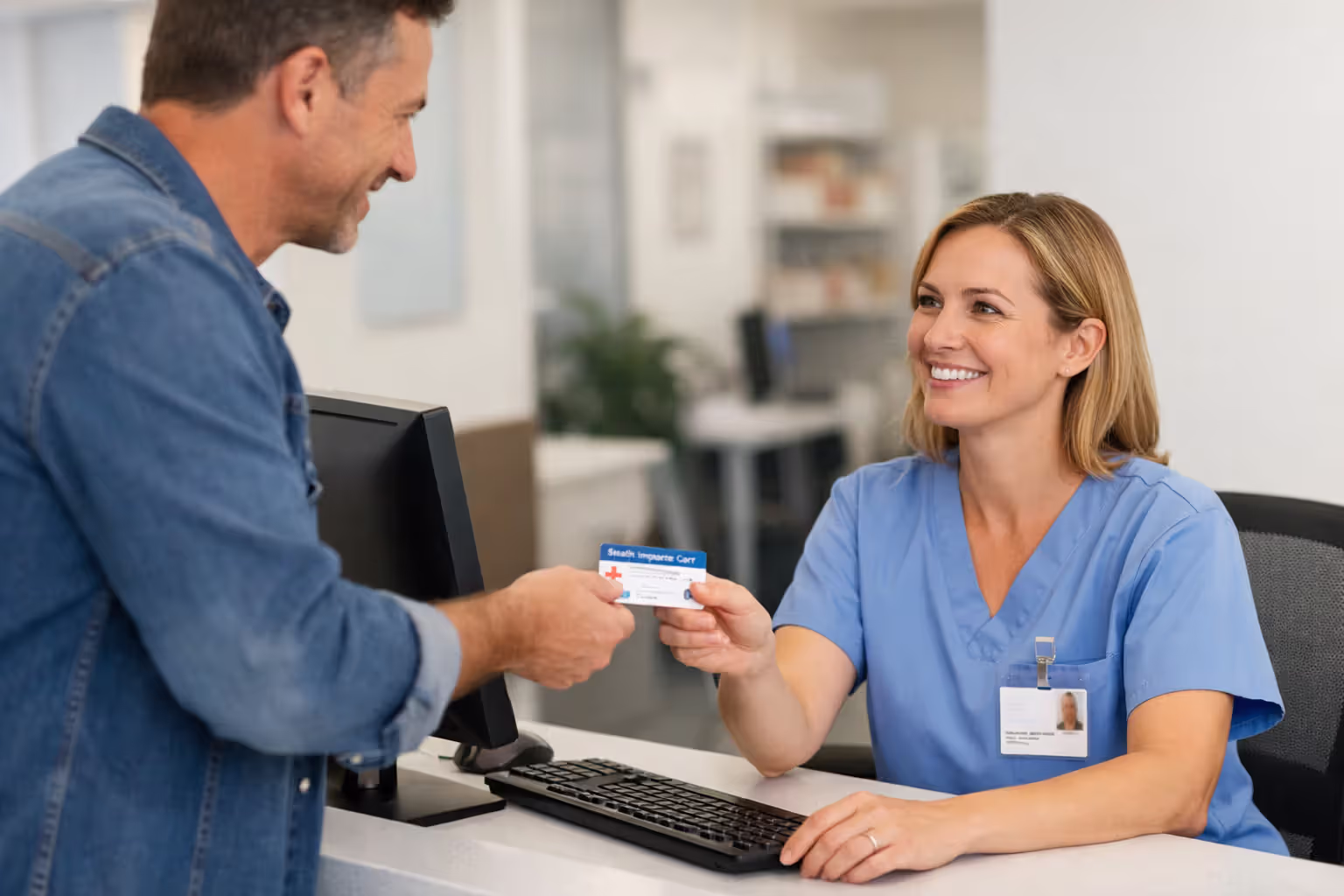 Patient handing insurance card to receptionist at a medical office front desk with a computer monitor visible
