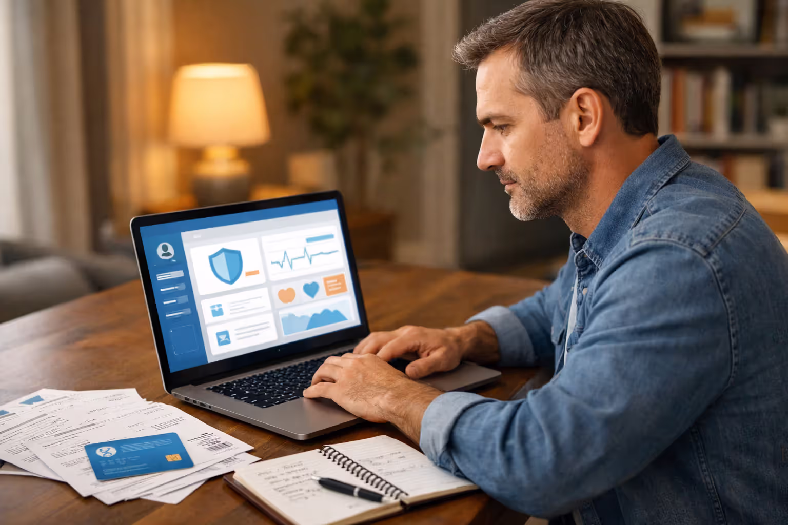 Person sitting at home desk with laptop open to insurance portal, medical receipts and insurance card on the table, focused expression