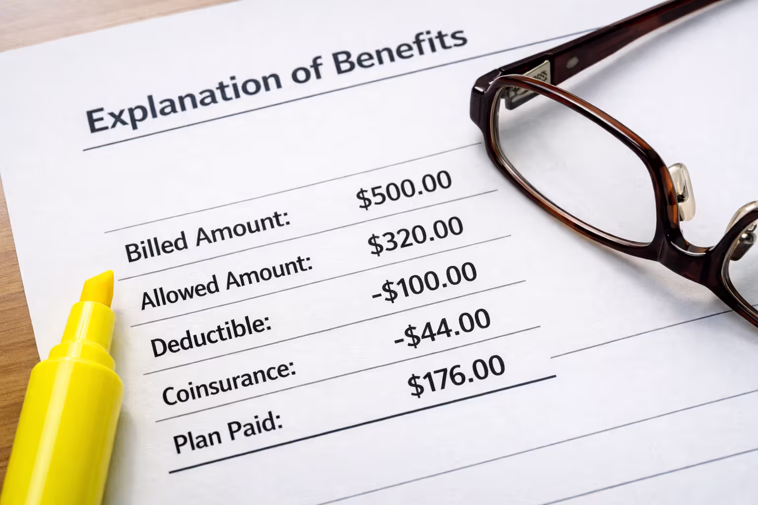 Organized folder with medical documents, receipts, insurance forms, colorful tab dividers, and a pen on a light office desk