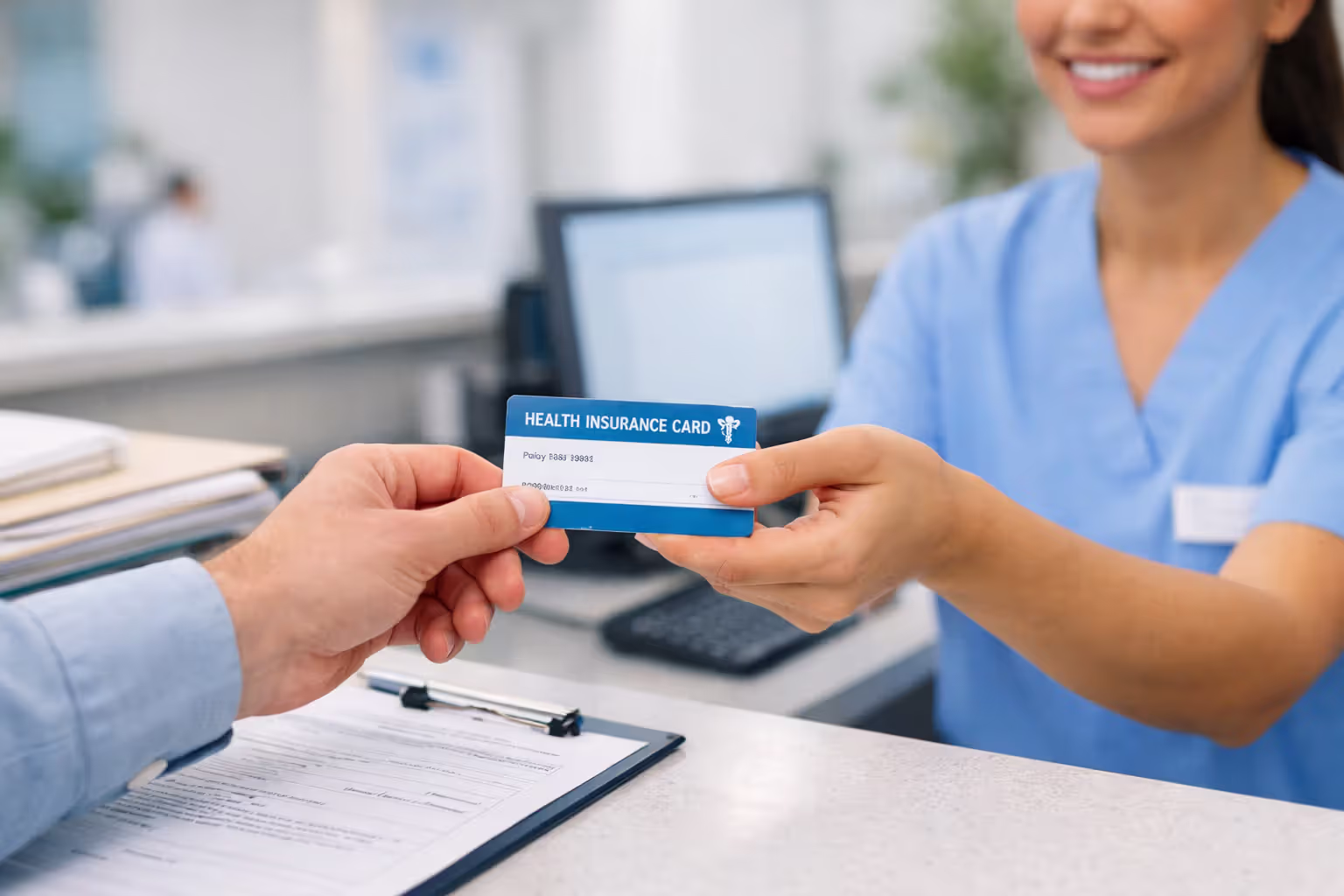 Patient handing insurance card to hospital receptionist at front desk with medical documents visible
